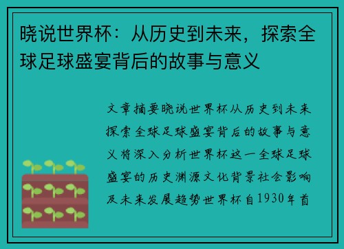 晓说世界杯：从历史到未来，探索全球足球盛宴背后的故事与意义
